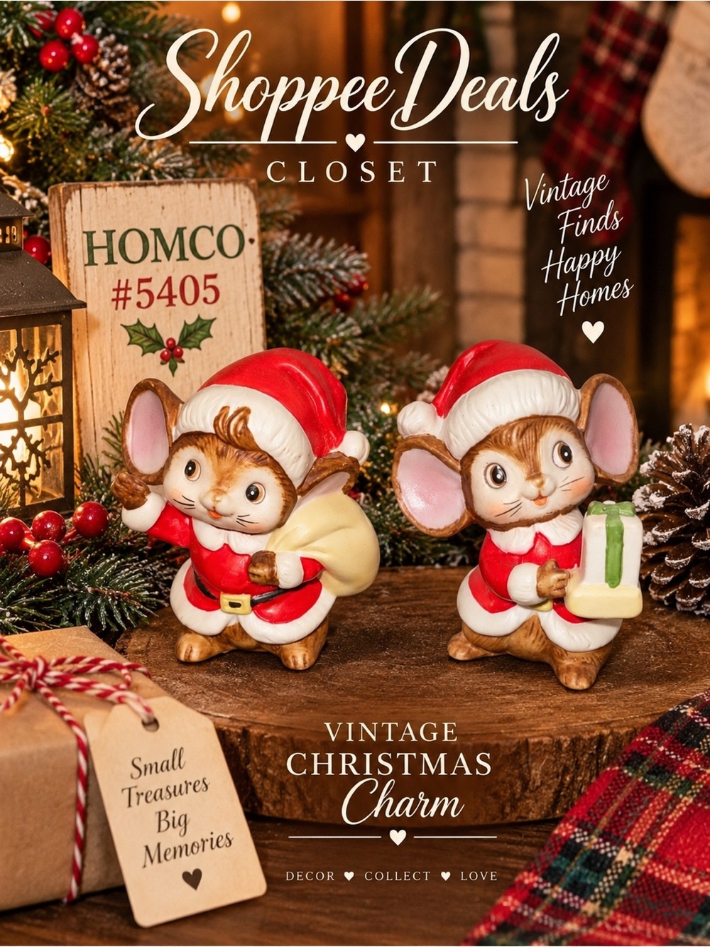 Vintage HOMCO Christmas Santa Mouse Figurines #5405 Set of 2 Holiday Mice